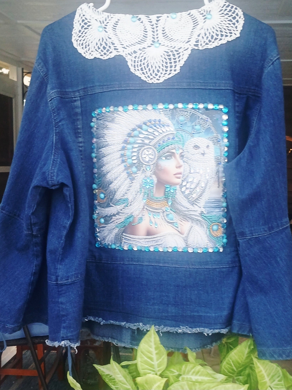 Embellished Denim Jacket with Turquoise Native-Inspired Patch 2x